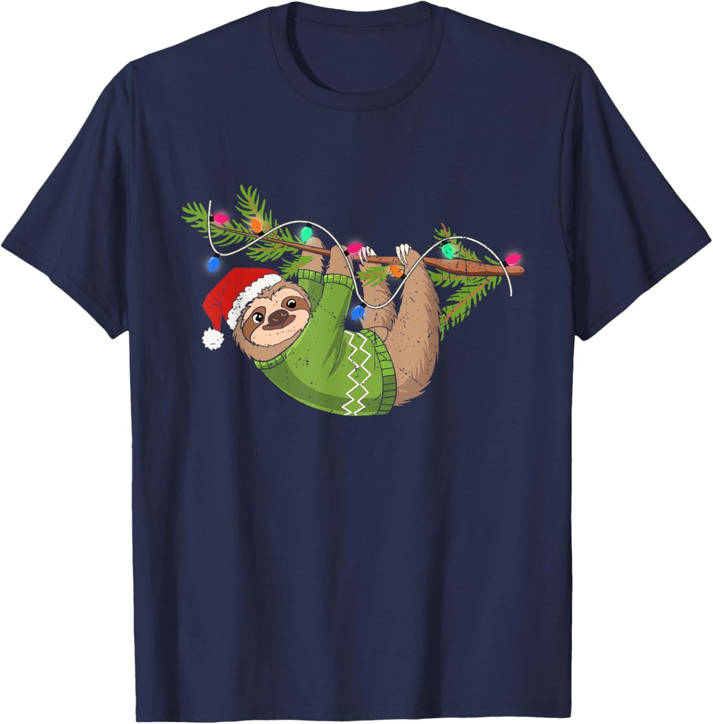 Cute Xmas Sloth Santa Hat Christmas Sloth - Tree Lights Xmas T-Shirt - T-Shirt | Navy