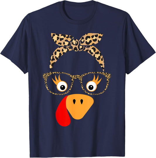 Thanksgiving Turkey Face Leopard Glasses Girls T-Shirt - T-Shirt | Navy