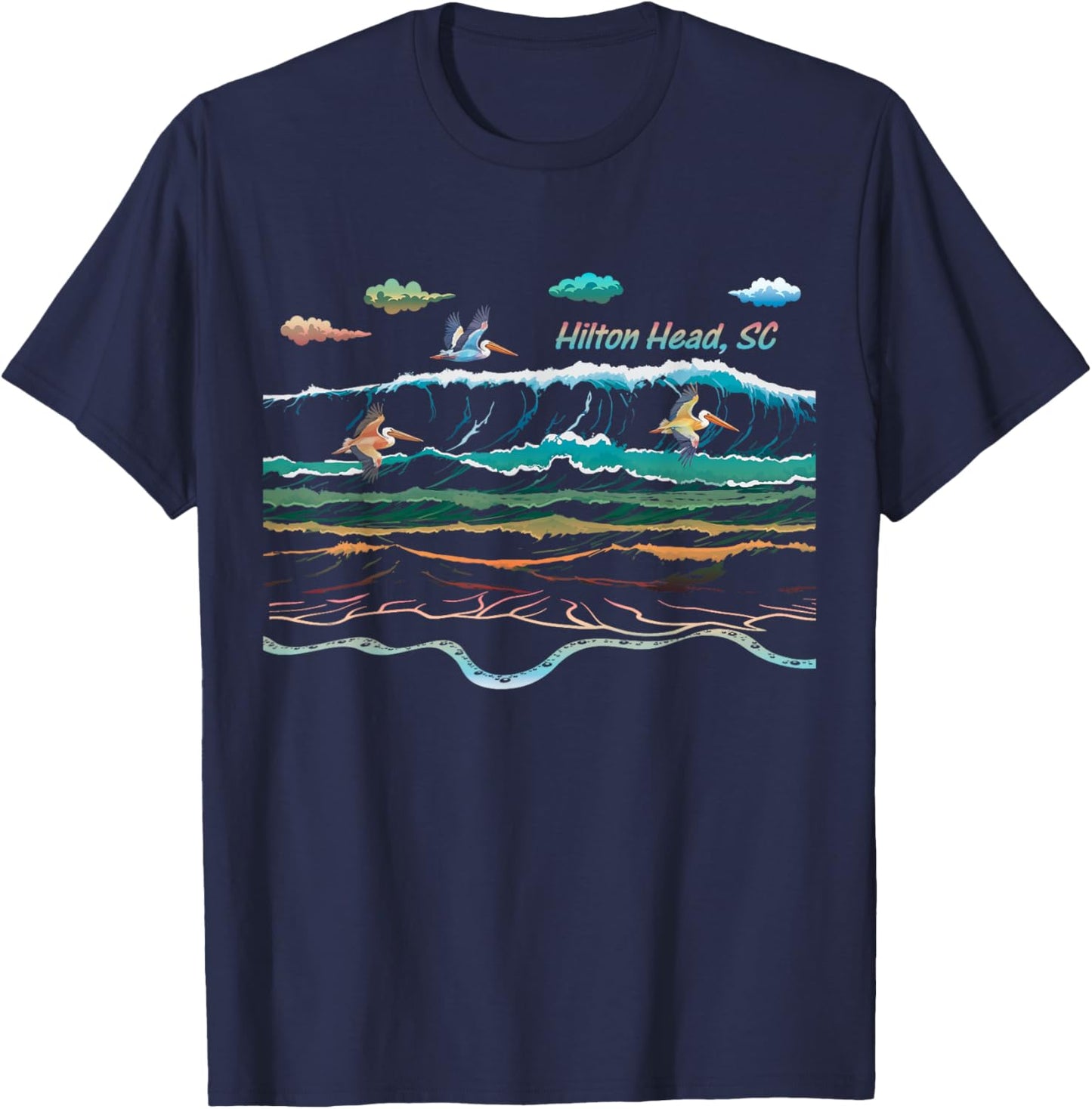 Hilton Head SC South Carolina Waves Pelican Bird Watcher T-Shirt - T-Shirt | Navy
