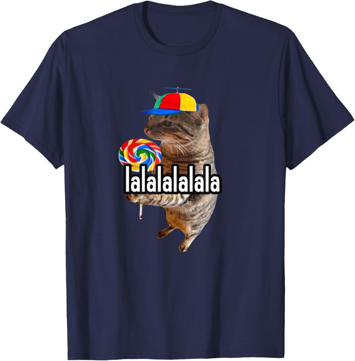 Silly Cat With Lollipop Lalalalalala Meme T-Shirt - T-Shirt | Navy