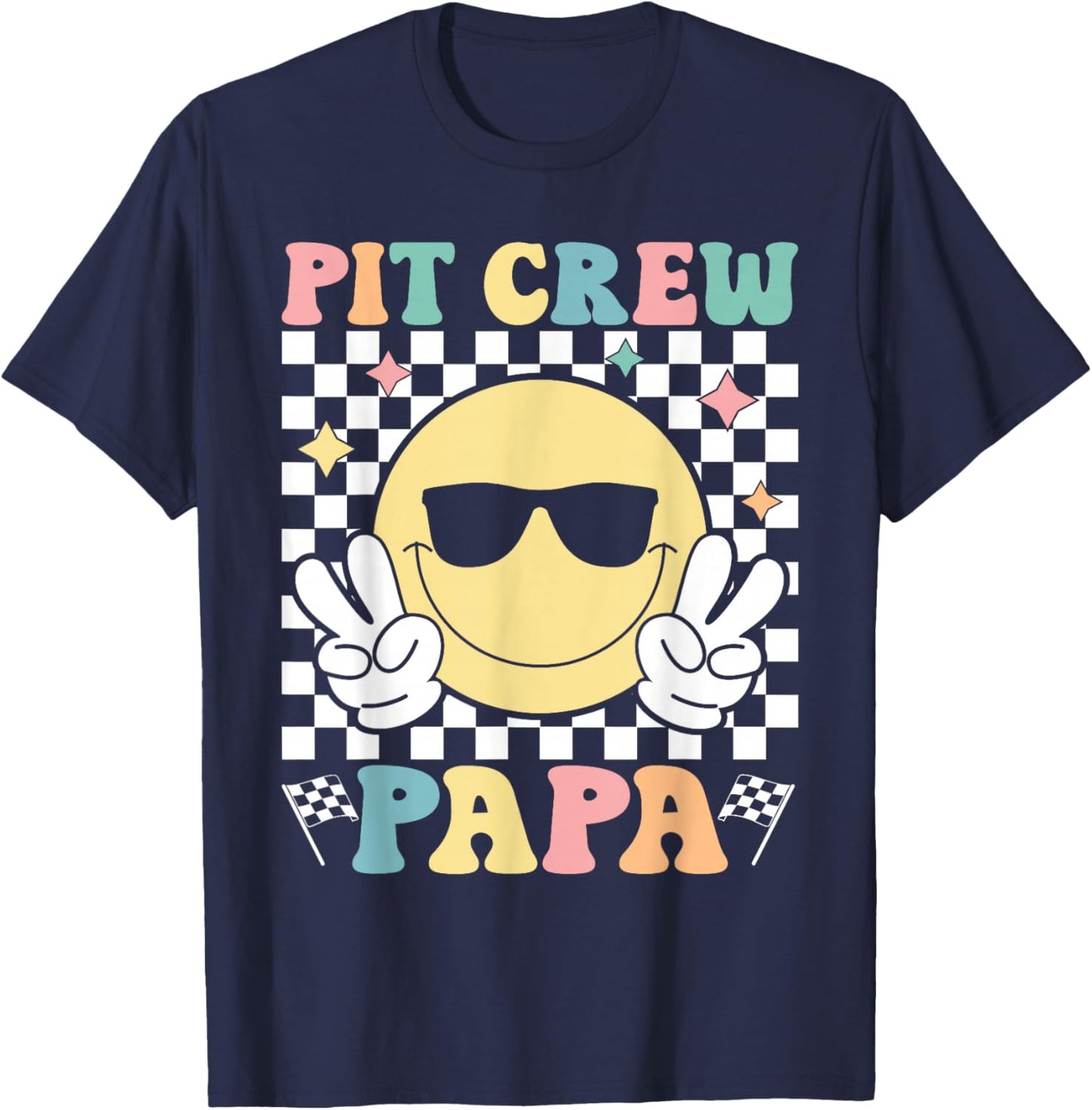 Pit Crew Papa Checkered Flag Race Car Birthday Family Racing T-Shirt - T-Shirt | Navy