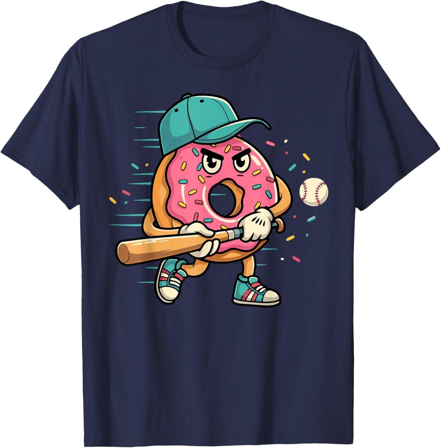 Donut Playing Baseball Dessert Food Lover Sports Fan Player T-Shirt - T-Shirt | Navy