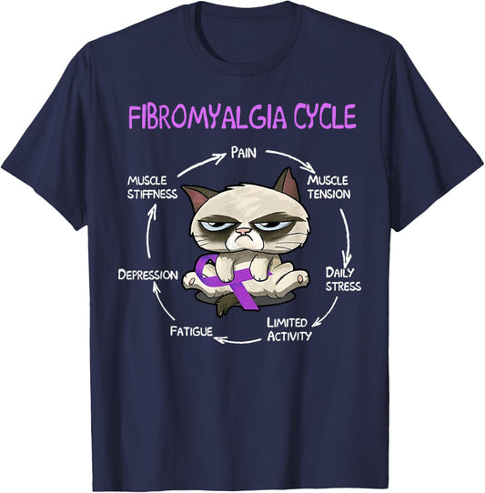 Cat Fibromyalgia Cycle Pain Muscle Tension Daily Stress T-Shirt - T-Shirt | Navy