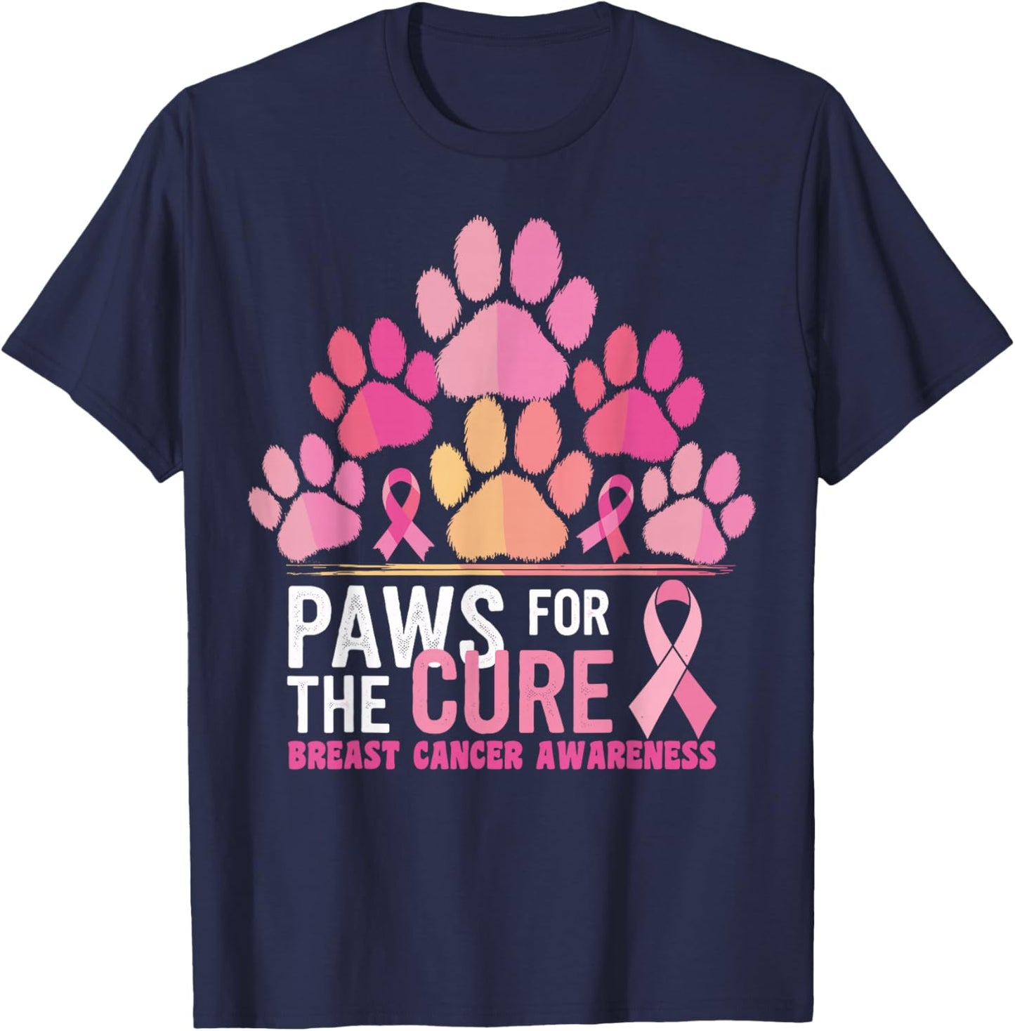 Pink Paws For The Cure Breast Cancer Awareness Dog Cat Lover T-Shirt - T-Shirt | Navy