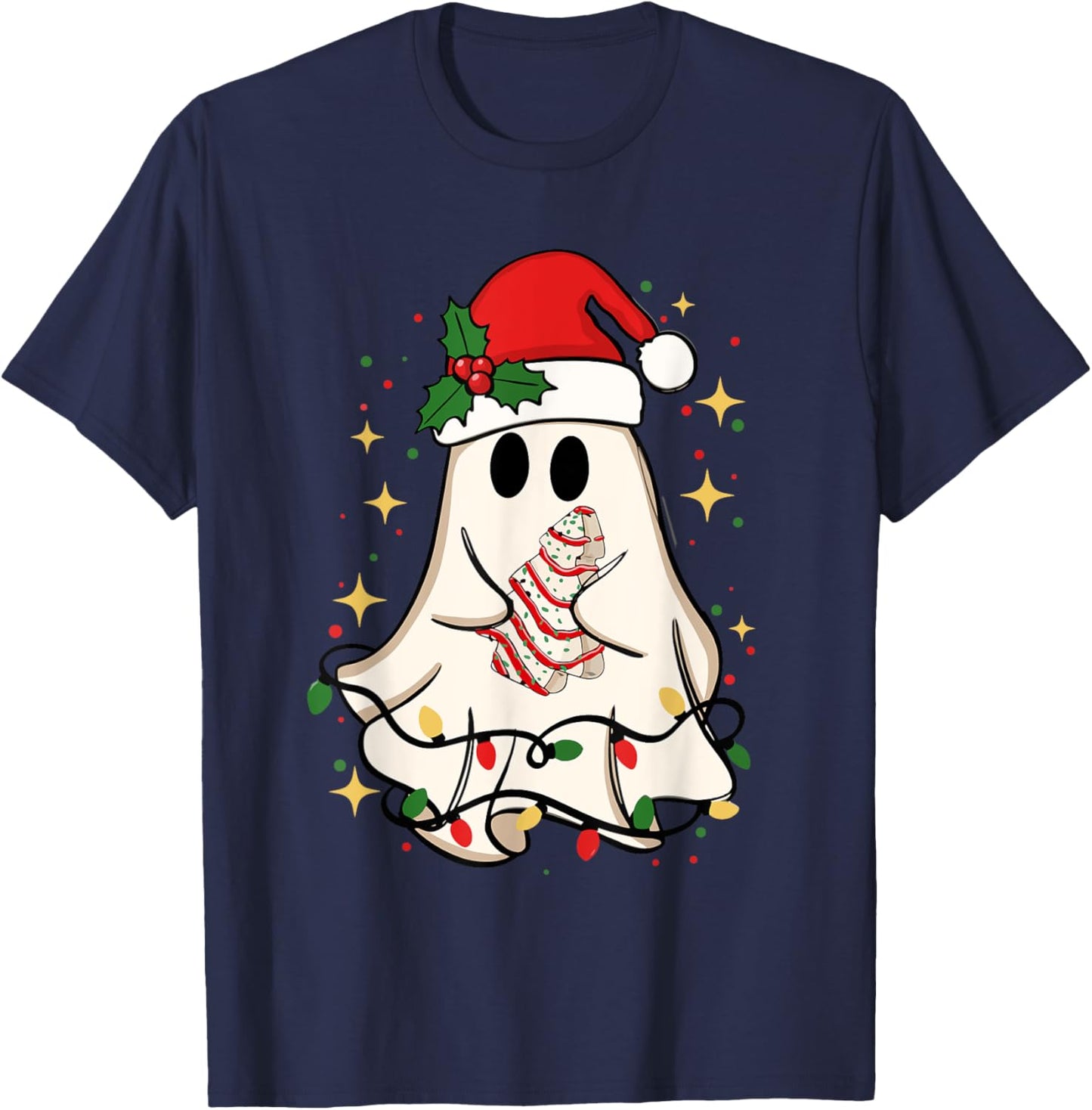 Cute Ghost Lights Tree Cake Merry Christmas Funny Xmas T-Shirt - T-Shirt | Navy