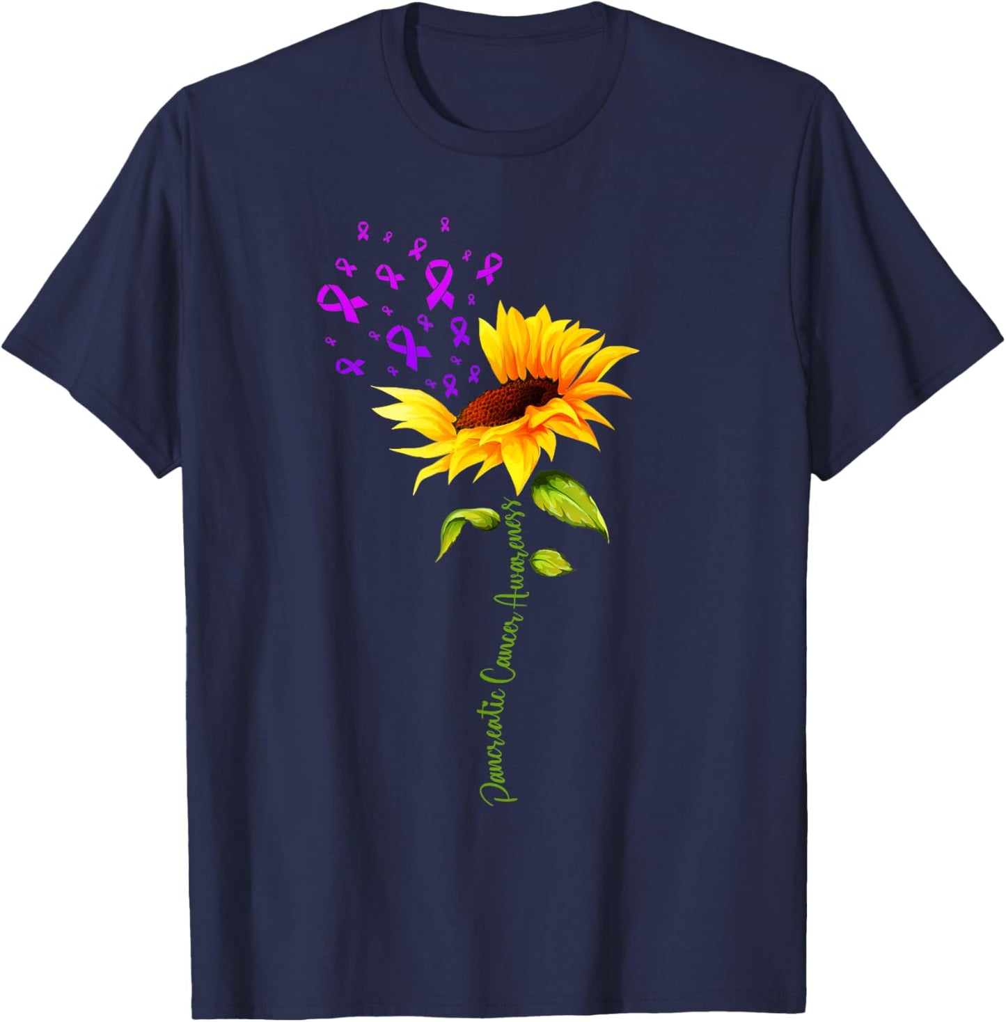 Pancreatic Cancer Awareness Sunflower Purple Ribbon Support T-Shirt - T-Shirt | Navy