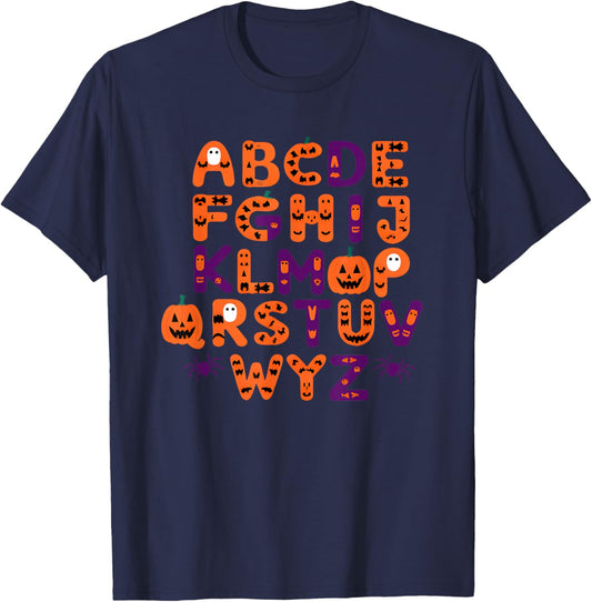ABCs Learning Kindergarten Teacher Funny Halloween Alphabet T-Shirt - T-Shirt | Navy