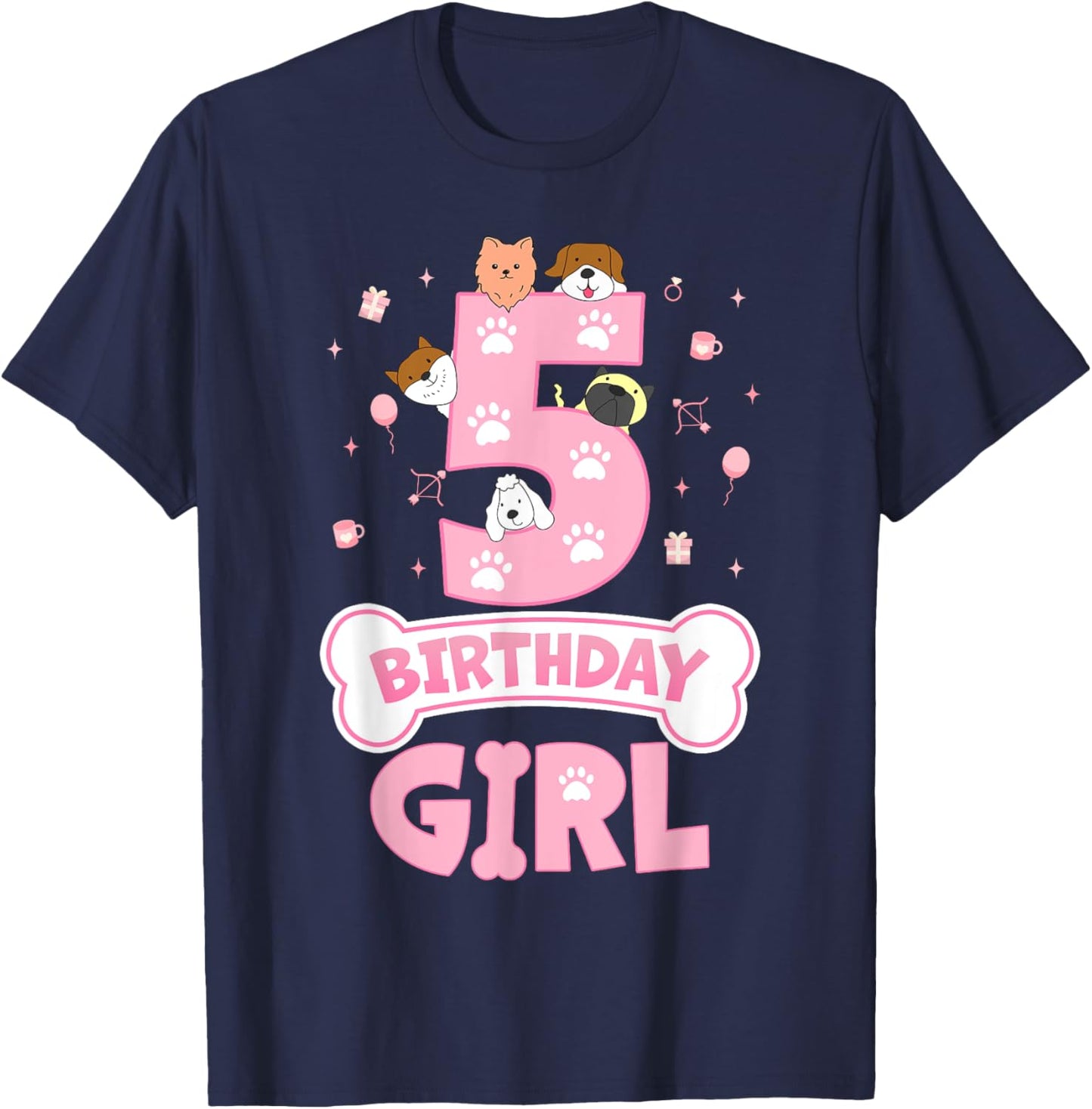 5th Birthday Girl Dog Themed Party 5 Year Old Girl Dog Lover T-Shirt - T-Shirt | Navy