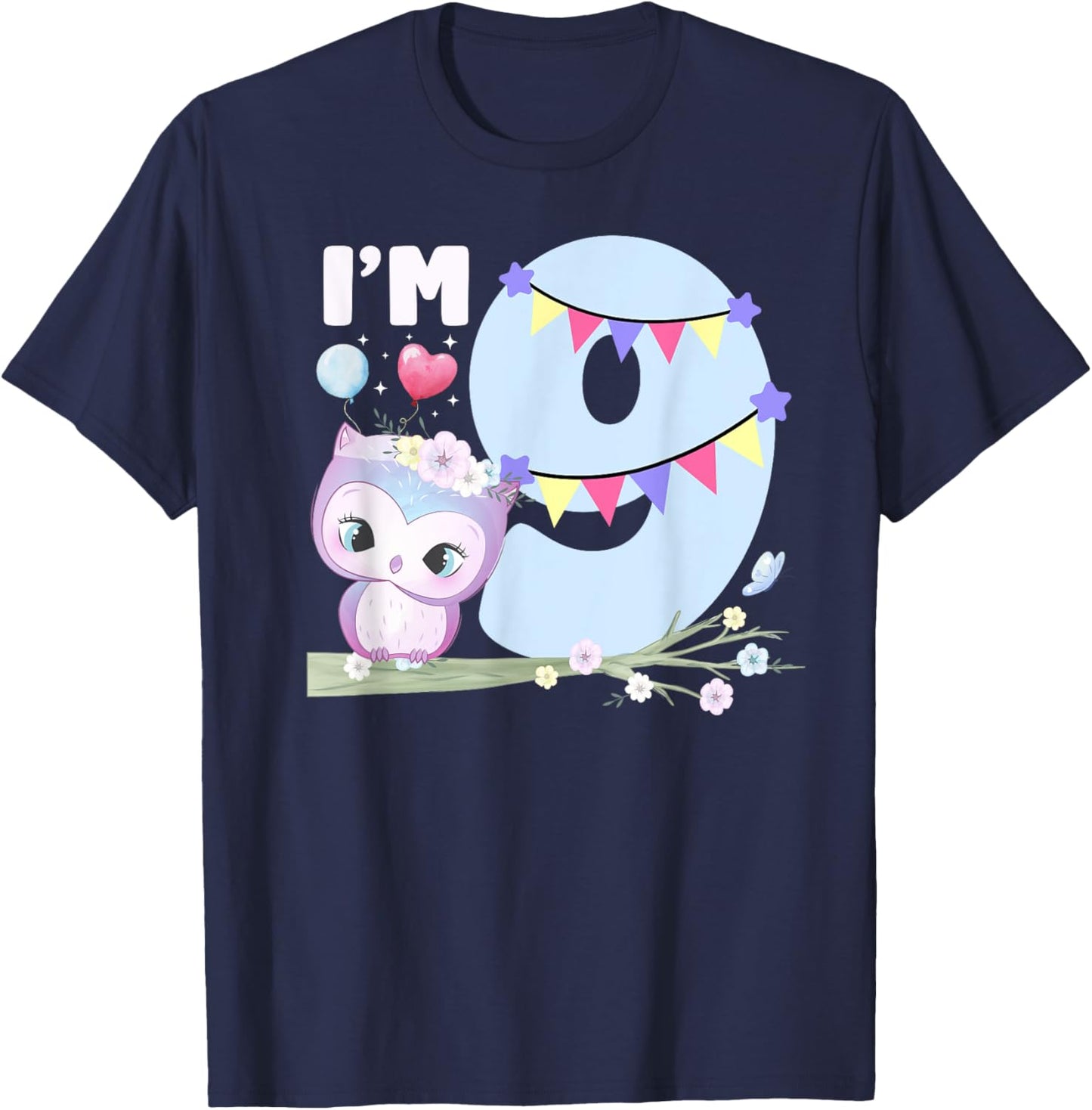 9th Owl Birthday Party Nine Year Old Girl Owl Birthday T-Shirt - T-Shirt | Navy