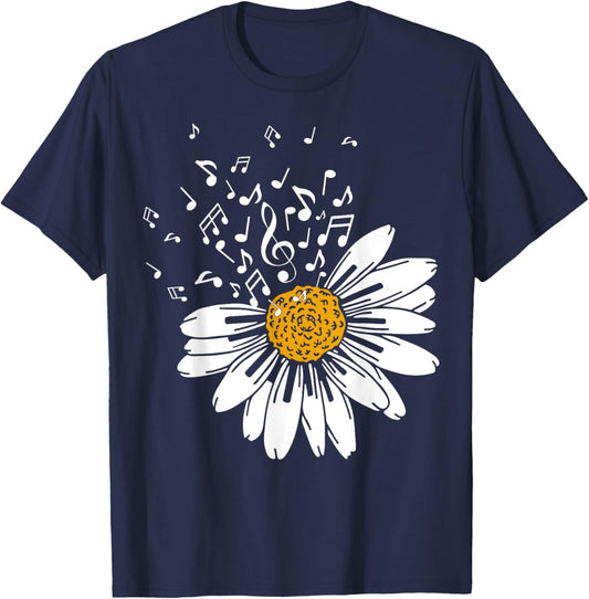 Daisy Flower Music Notes Clef Teacher Musicians Music Lover T-Shirt - T-Shirt | Navy
