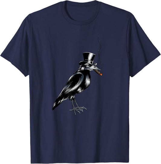 Black Crow Bird Top Hat Smoking Cigar Artwork T-Shirt - T-Shirt | Navy