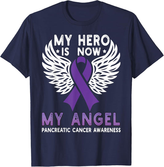 My Hero Is Now My Angel Pancreatic Cancer Awareness Ribbon T-Shirt - T-Shirt | Navy
