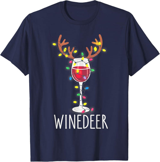 Winedeer Reinbeer Santa Hat Reindeer Couple Xmas Matching T-Shirt - T-Shirt | Navy