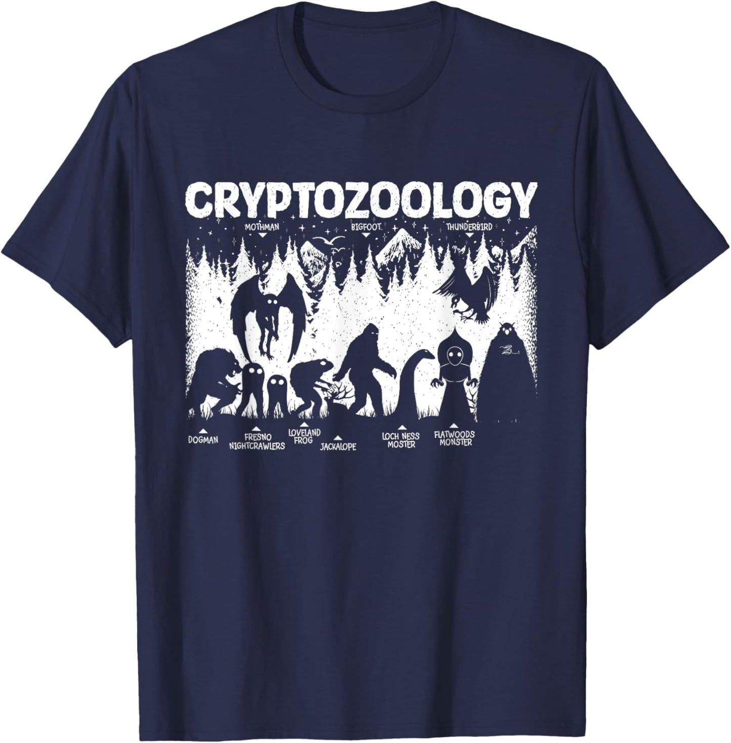 Cryptozoology Cryptid Bigfoot Mothman Dogman Other Monsters T-Shirt - T-Shirt | Navy