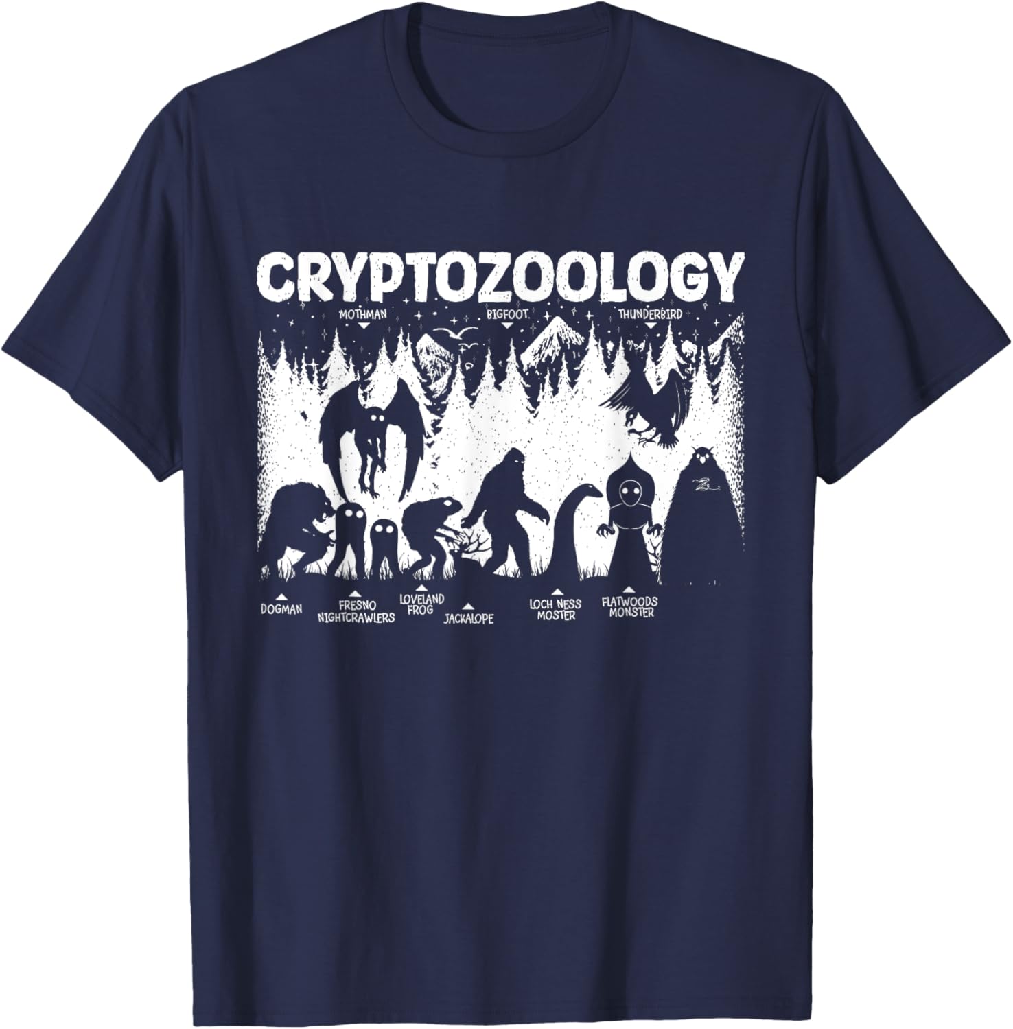 Cryptozoology Cryptid Bigfoot Mothman Dogman Other Monsters T-Shirt - T-Shirt | Navy