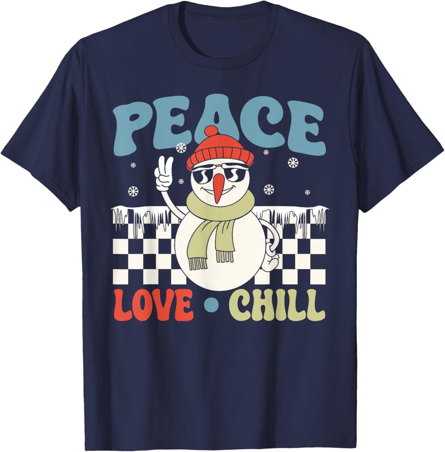 Snowman Peace Love Christmas Chill Hippie Snowman T-Shirt - T-Shirt | Navy