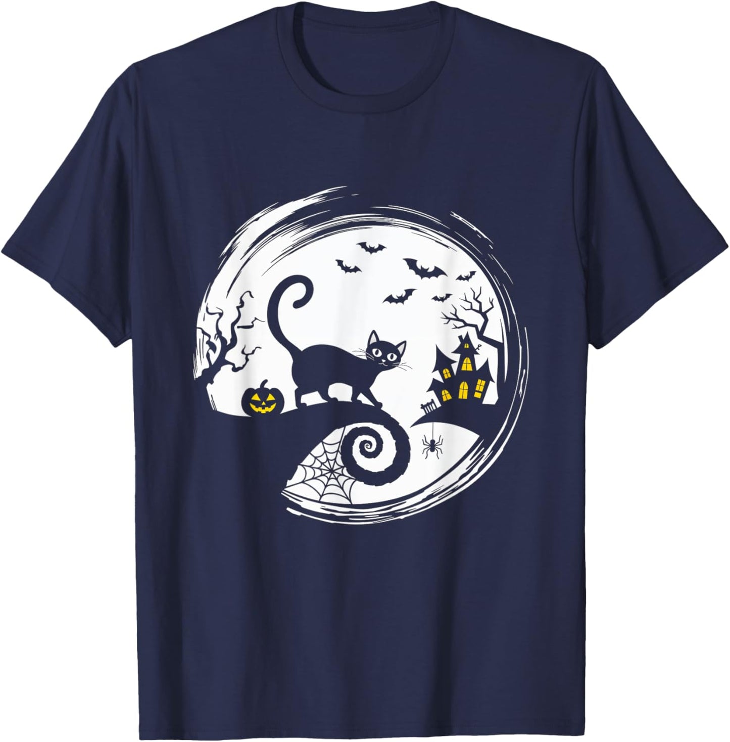 Halloween Cat Pumpkin Bats Spooky Black Cat T-Shirt - T-Shirt | Navy