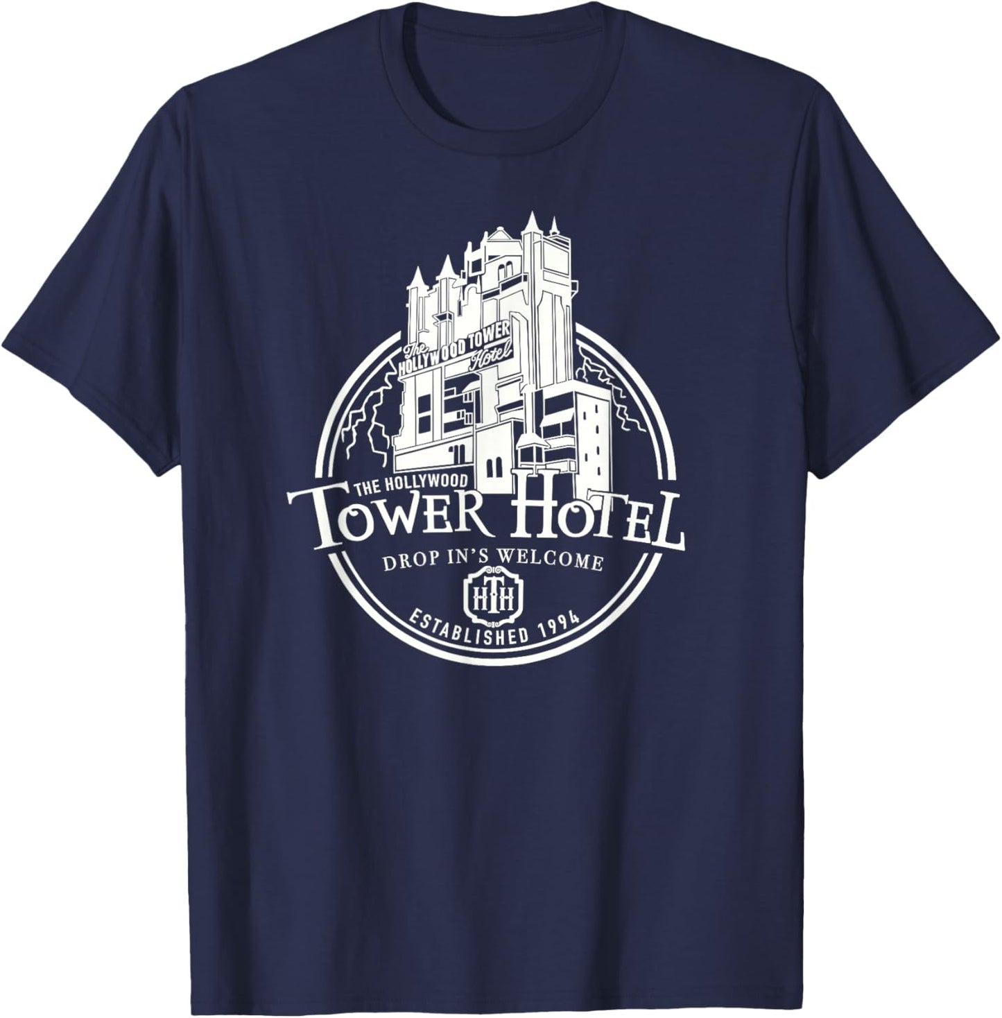 Hollywood Tower Hotel, Theme Park Ride, Drop In's Welcome T-Shirt - T-Shirt | Navy