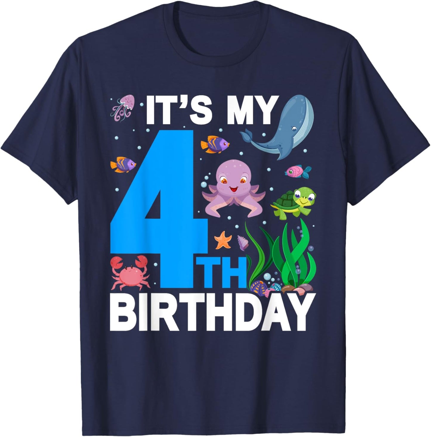 It's My 4th Birthday Party Ocean 4 Years Old Sea Fish B-Day T-Shirt - T-Shirt | Navy