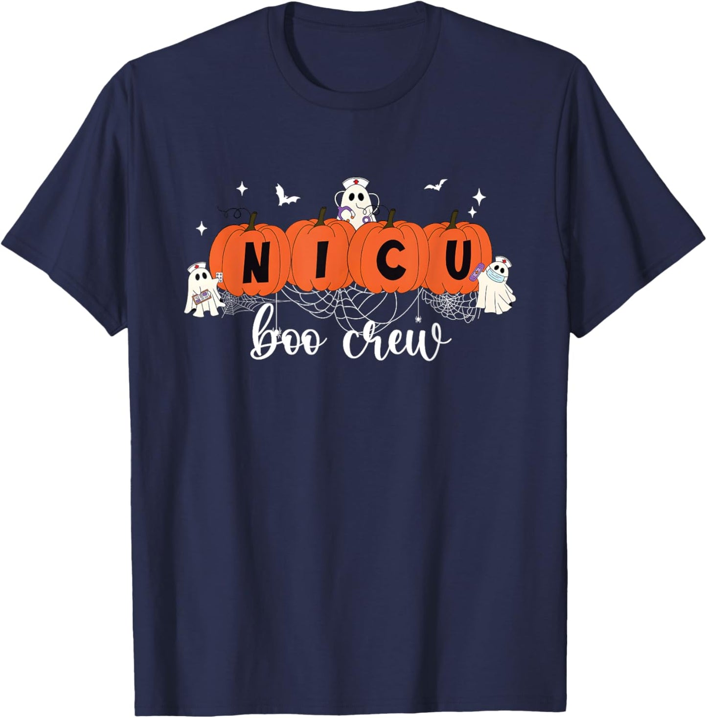 Cute NICU Boo Crew Spooky Nurse Halloween Cute Ghost Pumpkin T-Shirt - T-Shirt | Navy