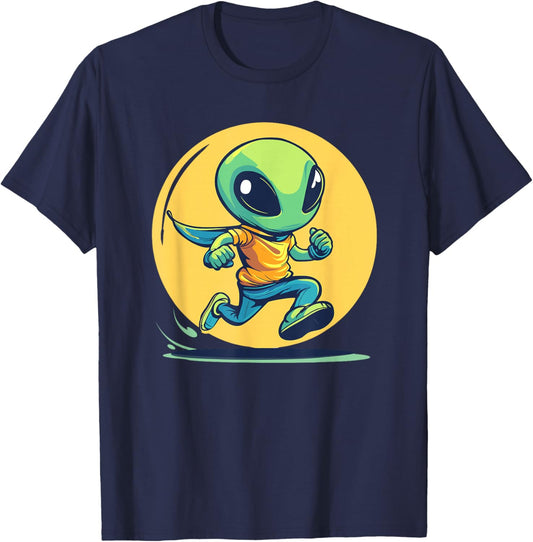 Alien Running Cartoon Character Adventure T-Shirt - T-Shirt | Navy