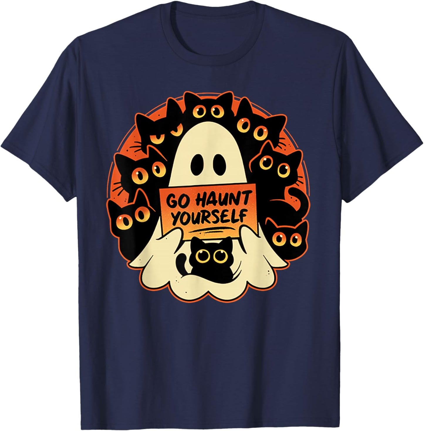 Go Haunt Yourself Funny Rude Cursing Ghost Black Cat T-Shirt - T-Shirt | Navy