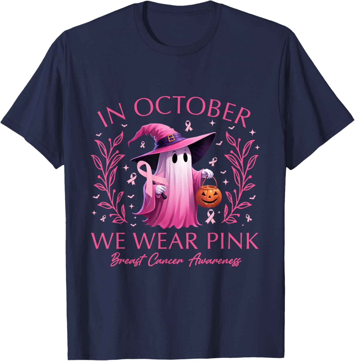 In October We Wear Pink Ghost Witch Breast Cancer Awareness T-Shirt - T-Shirt | Navy
