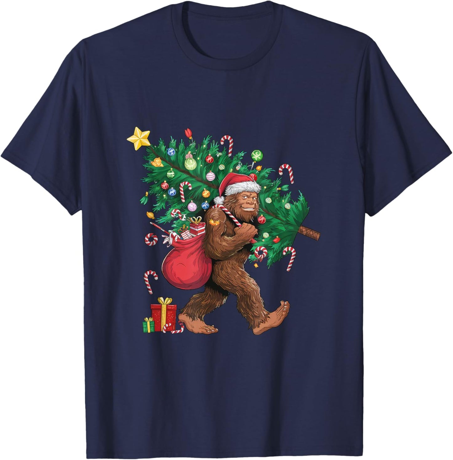 Bigfoot Santa Most Wonderful Christmas Tree Lights Sasquatch T-Shirt - T-Shirt | Navy