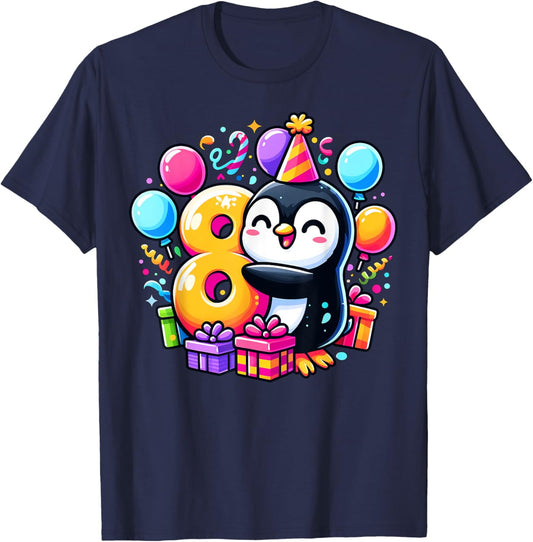 Kids Penguin Theme eighth Bday Party 8th Penguin Birthday T-Shirt - T-Shirt | Navy