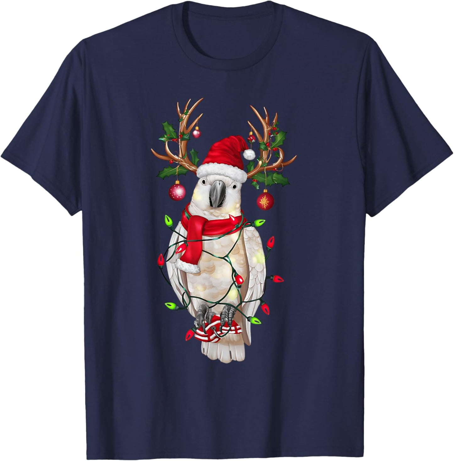 Funny Cockatoo Reindeer Christmas Tree Light Xmas - Black, -Adults & Kids, Short Sleeve, , Size Small T-Shirt - T-Shirt | Navy