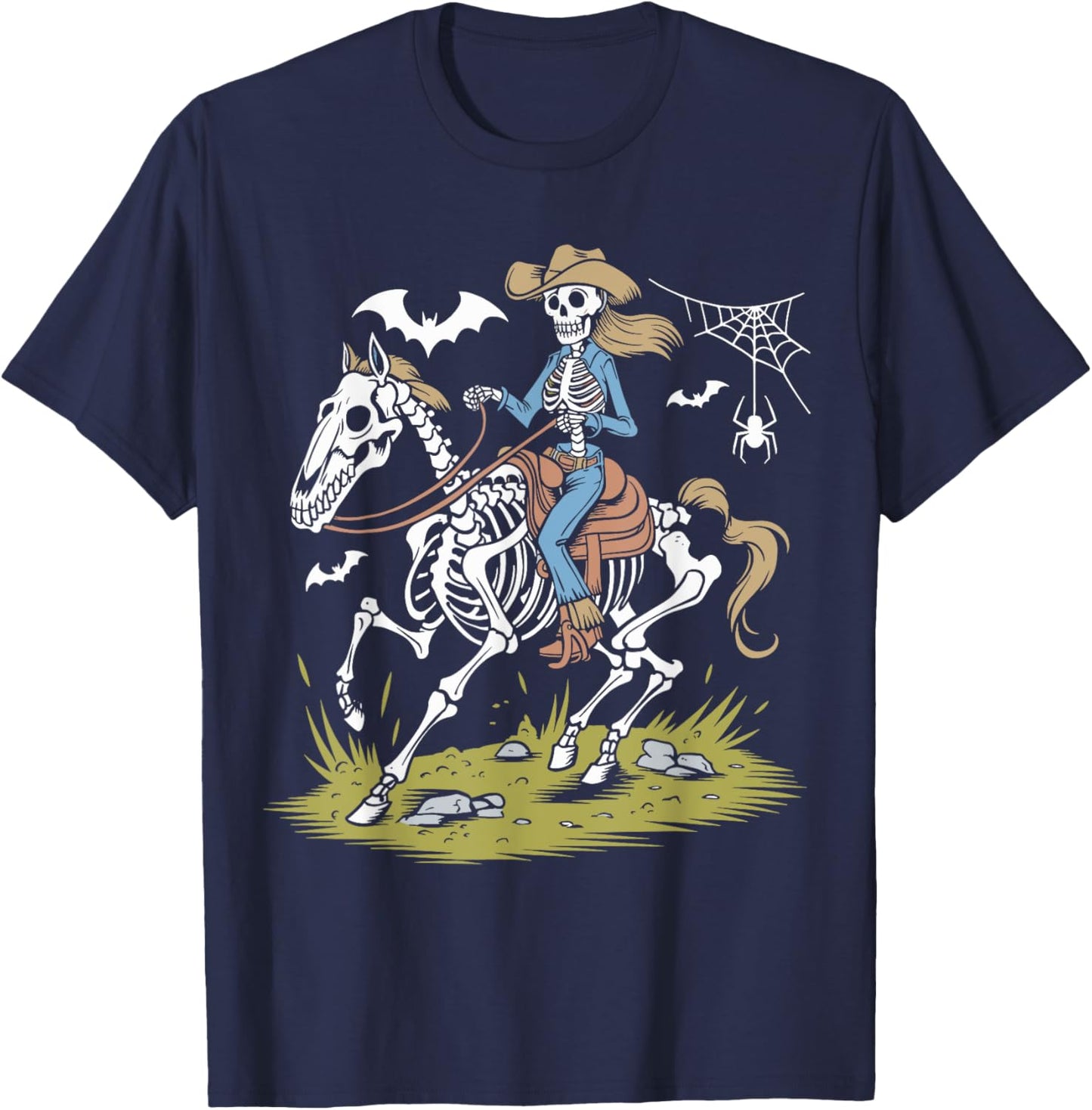 Funny Cowgirl Skeleton Riding Horse Spooky Halloween Western T-Shirt - T-Shirt | Navy