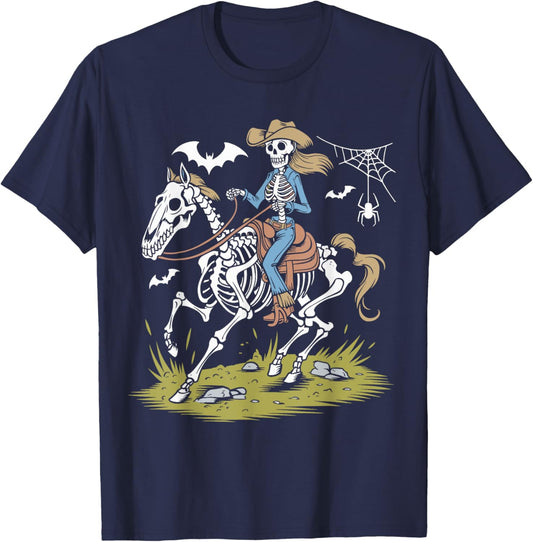 Funny Cowgirl Skeleton Riding Horse Spooky Halloween Western T-Shirt - T-Shirt | Navy