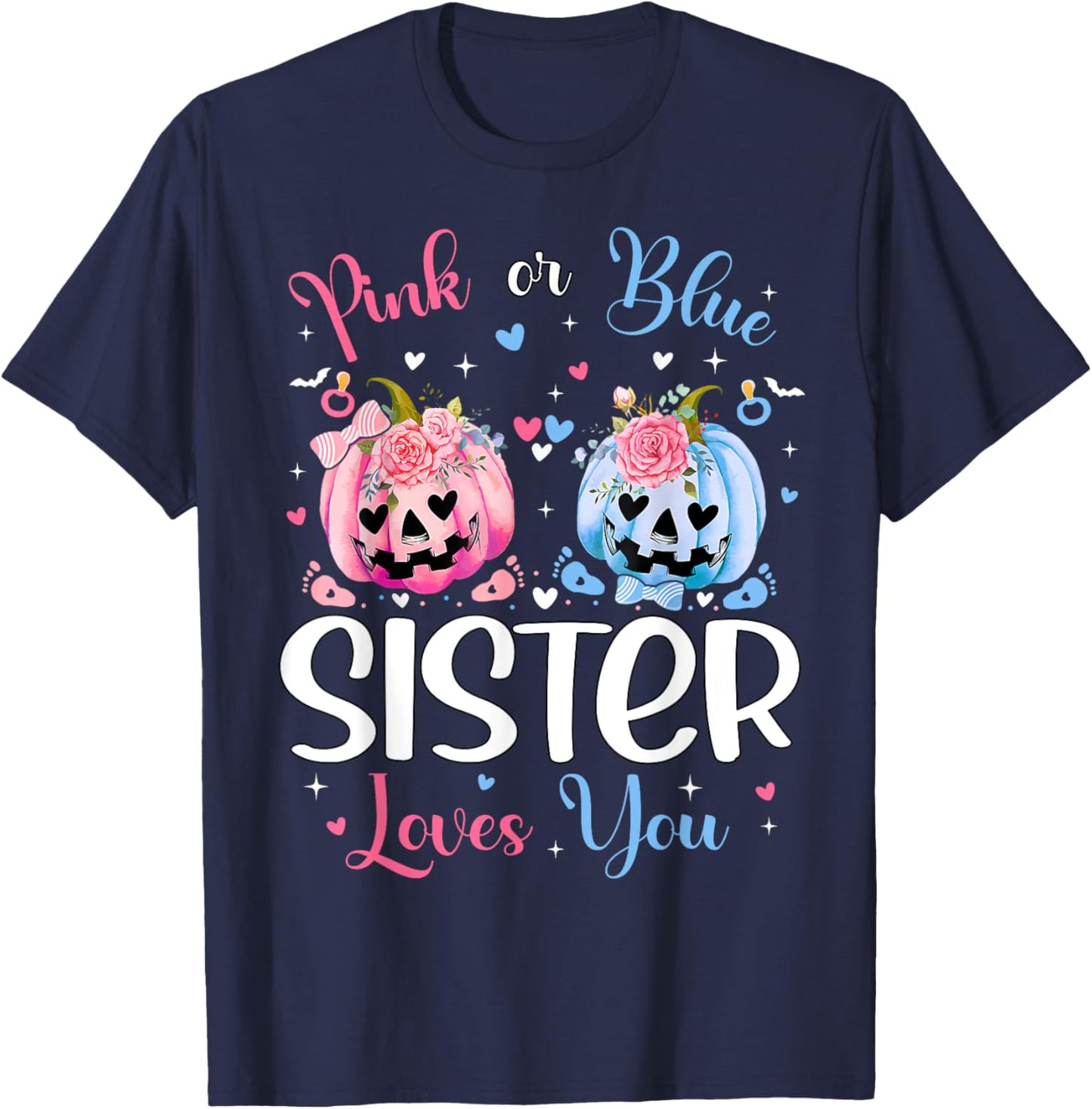 Pink or Blue Sister Loves You Pumpkin Gender Reveal Party T-Shirt - T-Shirt | Navy