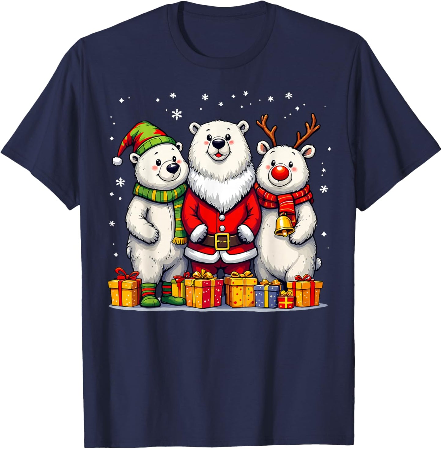 Cute Christmas Polar Bears in Santa Elf and Reindeer Costume T-Shirt - T-Shirt | Navy