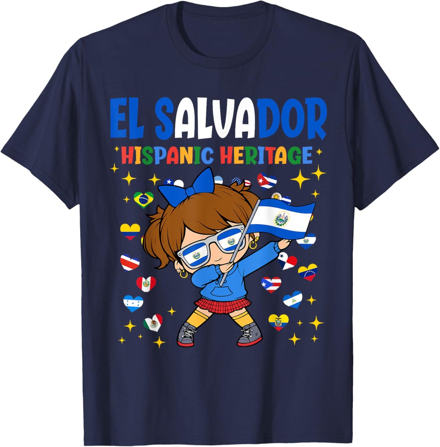 Hispanic Heritage Month El Salvador Flag Salvadoran Girl Kid T-Shirt - T-Shirt | Navy