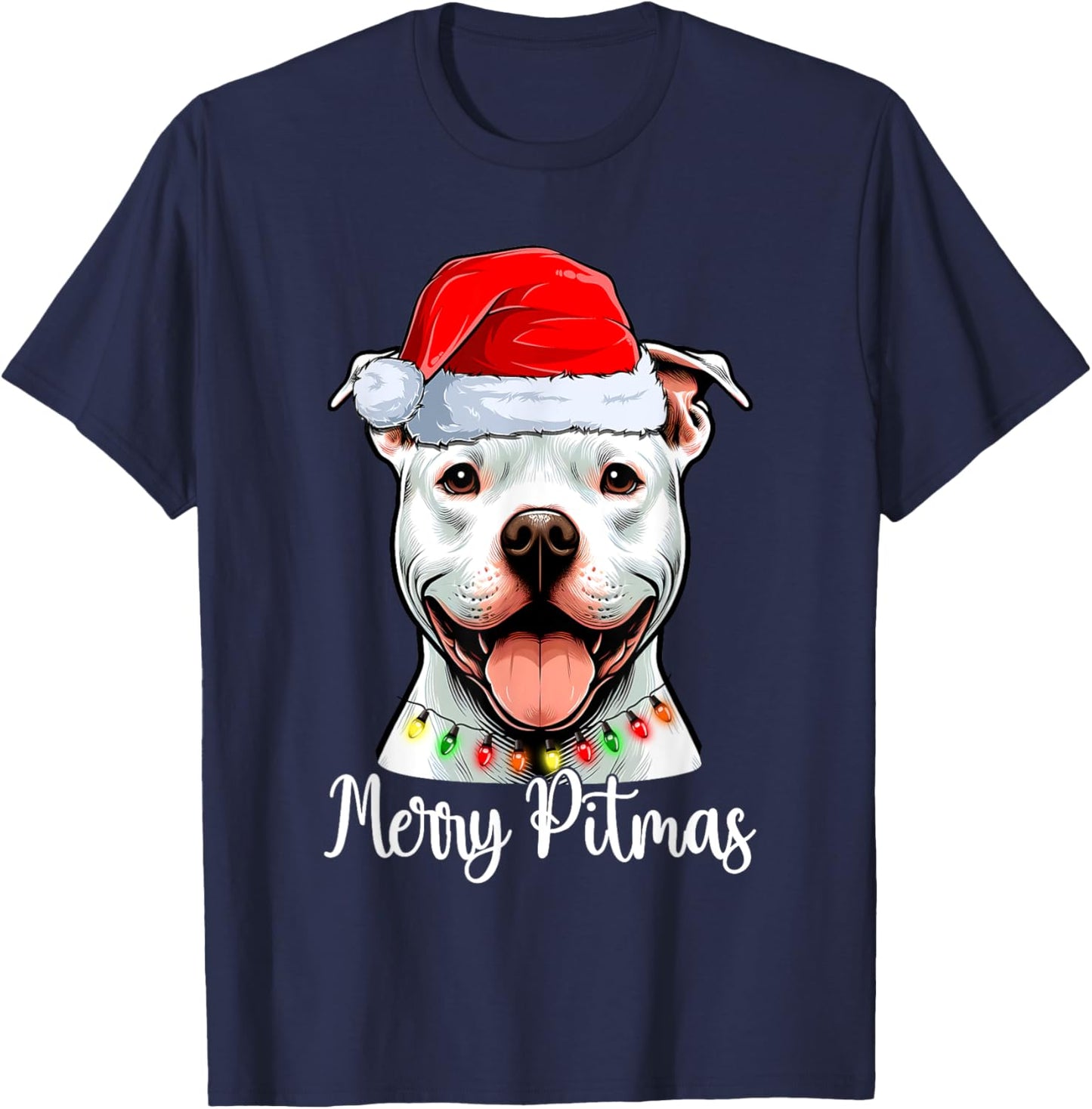 Pit Bull Santa Christmas Tree Lights Xmas Merry Pitmas T-Shirt - T-Shirt | Navy