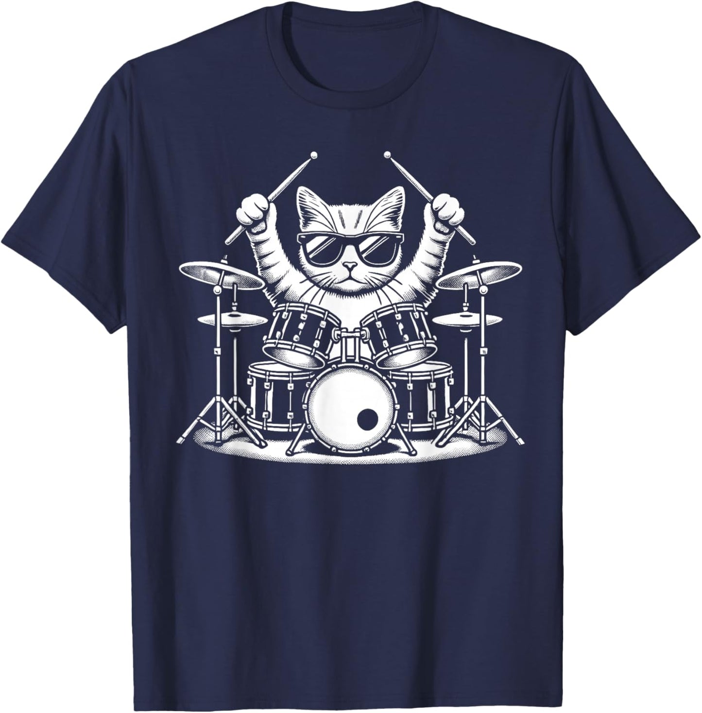 Cat Playing Drum Sunglasses Drummer Drumming Drummers T-Shirt - T-Shirt | Navy