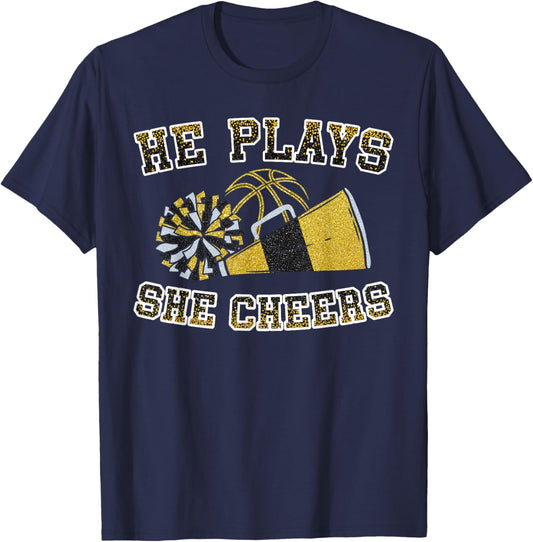 He Plays She Cheers Loud Proud Basketball & Cheer Mom Orange T-Shirt - T-Shirt | Navy