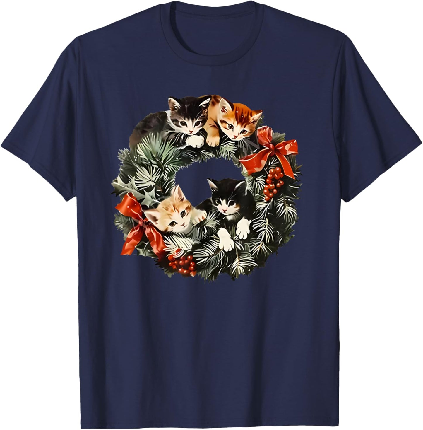 Vintage 90s Cat Christmas T-Shirt - T-Shirt | Navy
