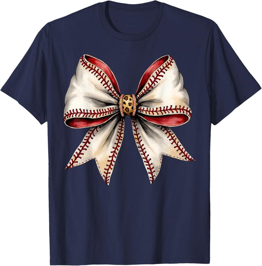 Baseball Mom Coquette White Bow Game Day Sports Girls T-Shirt - T-Shirt | Navy
