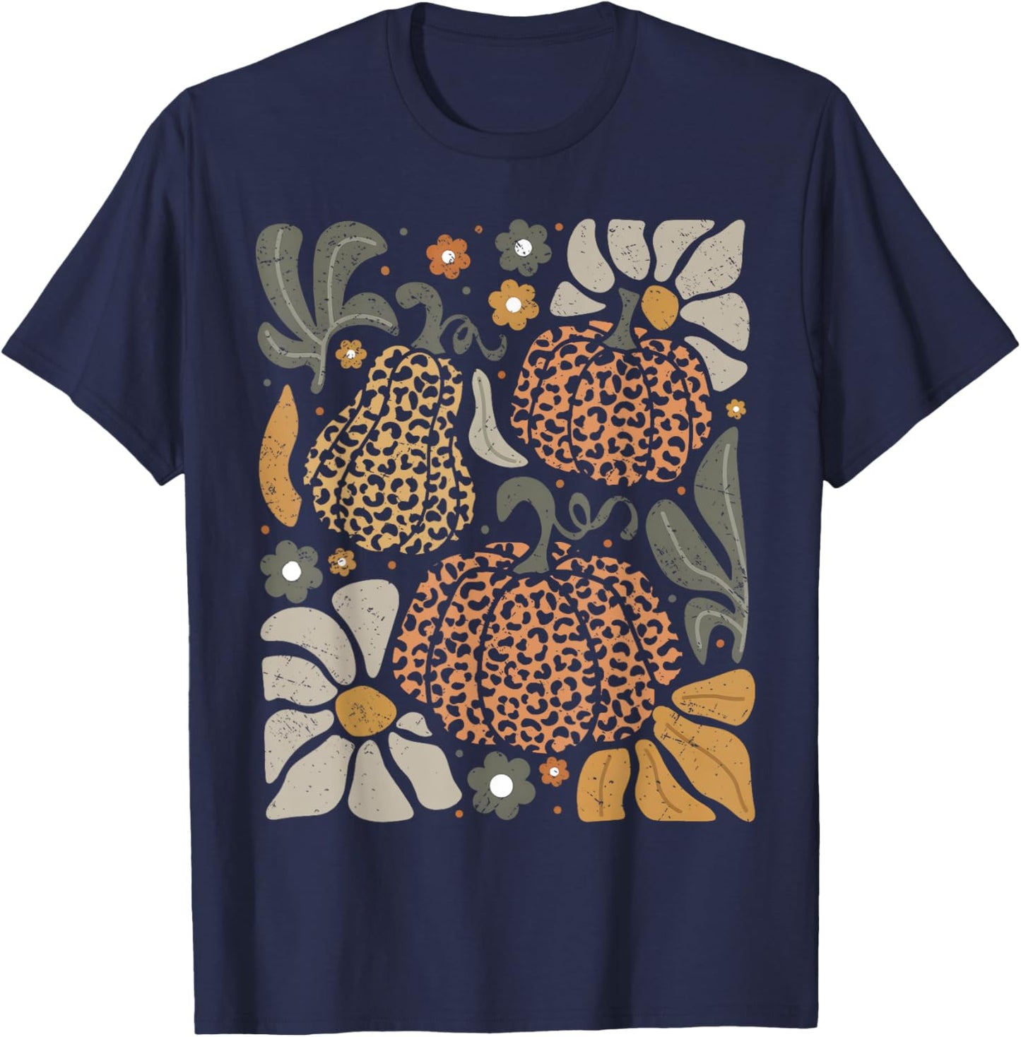 Leopard Pumpkin With Flowers Boho Floral Thanksgiving T-Shirt - T-Shirt | Navy