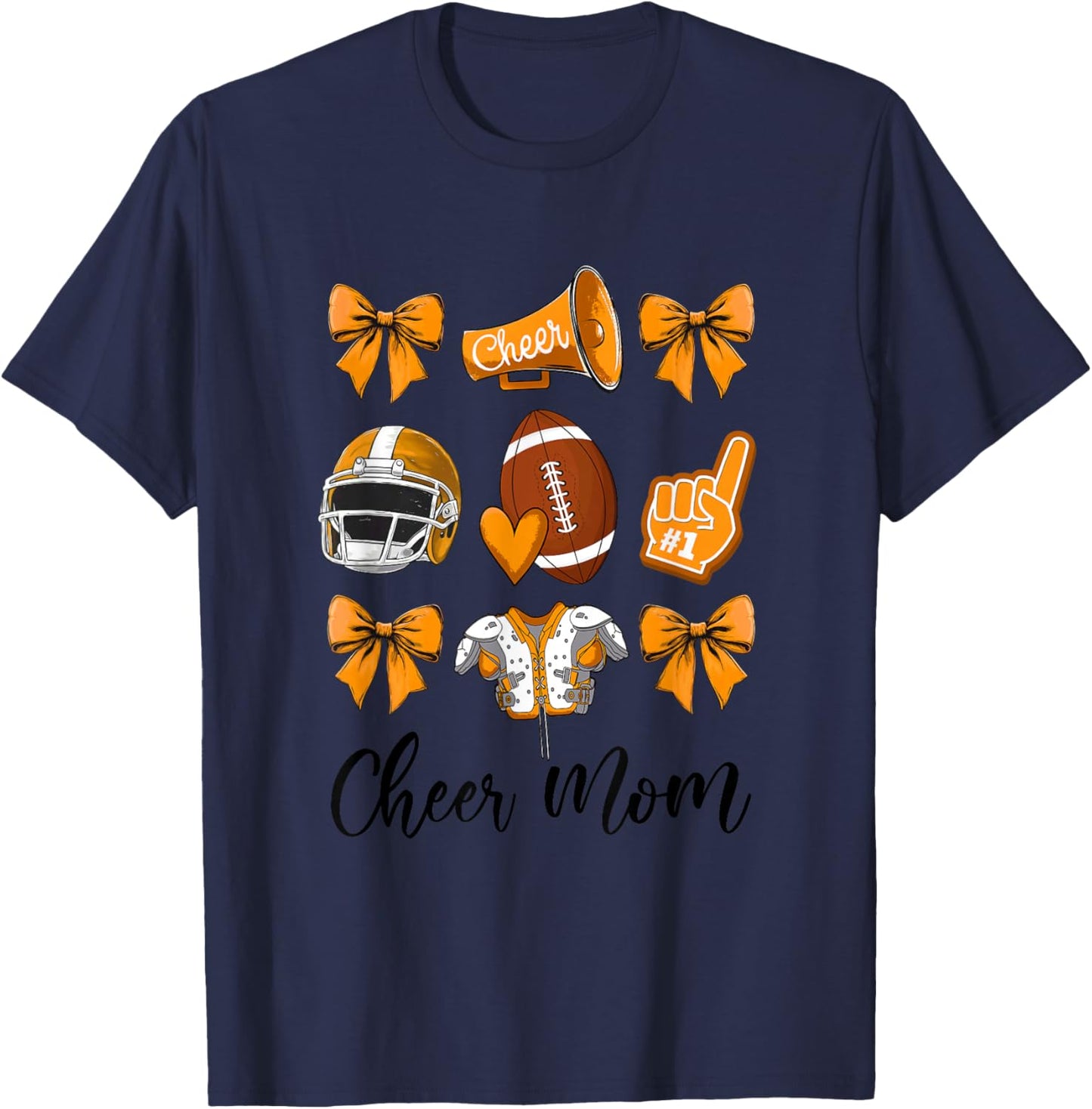 Cheer Mom Orange Women Cheerleading Football Coquette Bow T-Shirt - T-Shirt | Navy