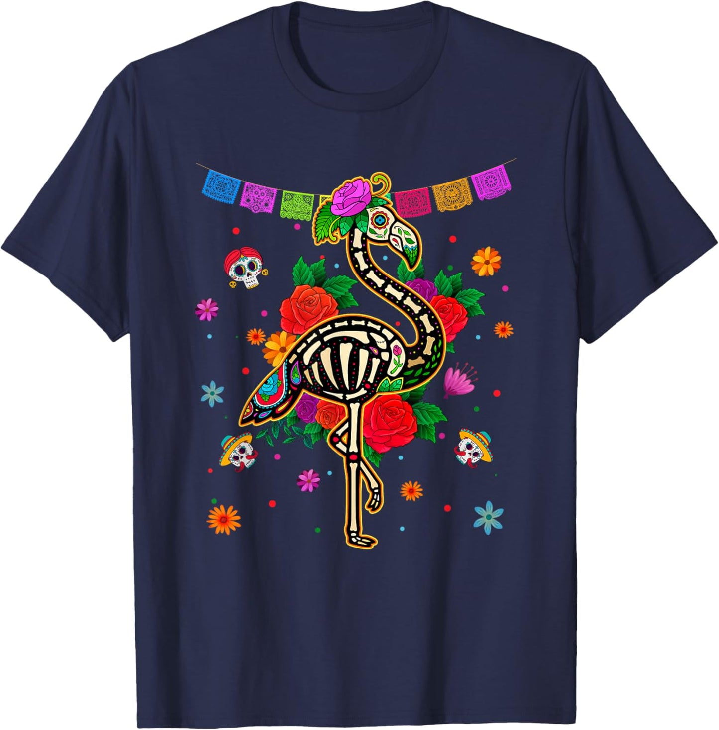 Sugar Skull Pink Flamingo Flowers Dia de Muertos Halloween T-Shirt - T-Shirt | Navy