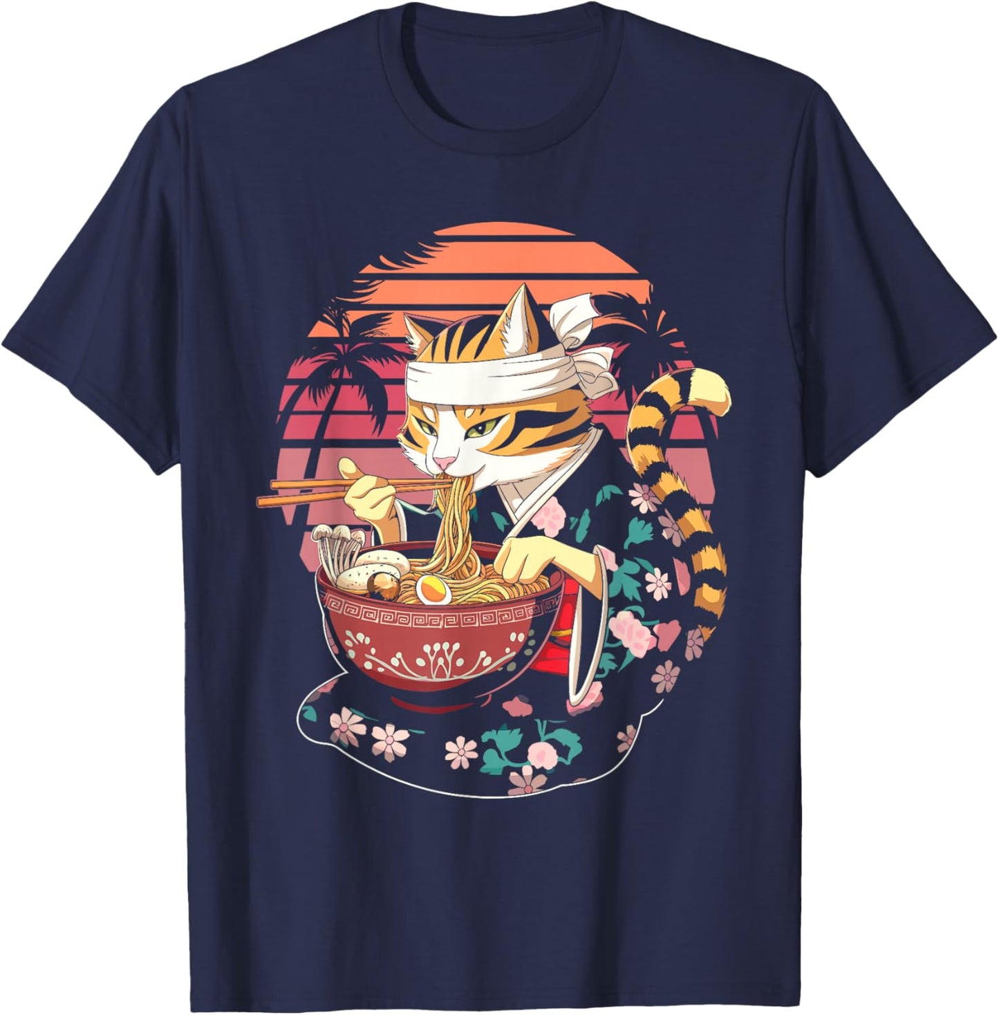 Ramen Cat Sunset Kawaii Cat Anime Ramen Noodles Japan T-Shirt - T-Shirt | Navy