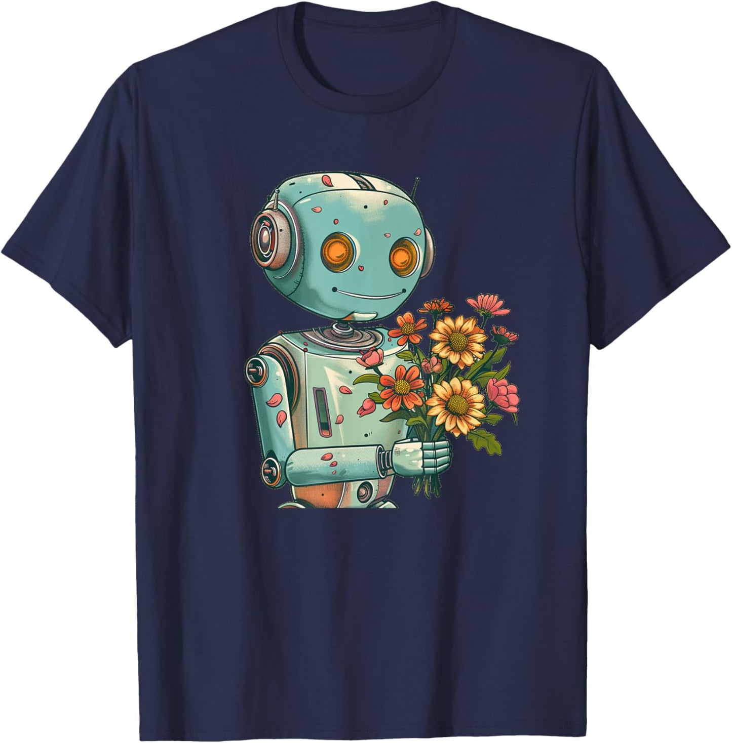 Robot with Bloom and Flowers Outfit for Boys and Girls T-Shirt - T-Shirt | Navy