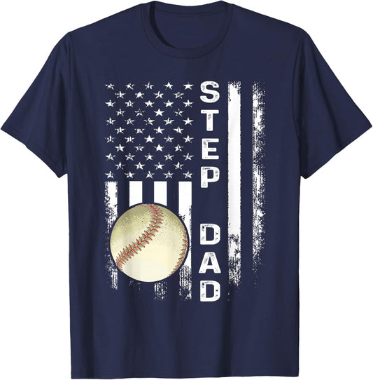Baseball Step Dad America Flag Vintage Christmas Xmas T-Shirt - T-Shirt | Navy