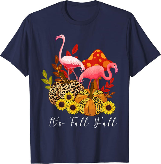 It's Fall Y'all Flamingo Leopard Pumpkin Sunflower T-Shirt - T-Shirt | Navy