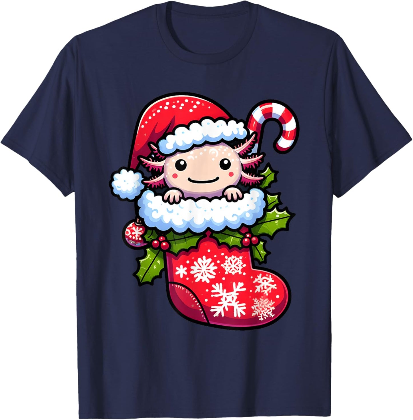 Axolotl Wearing Santa Hat Christmas Stocking Xmas Pajama T-Shirt - T-Shirt | Navy