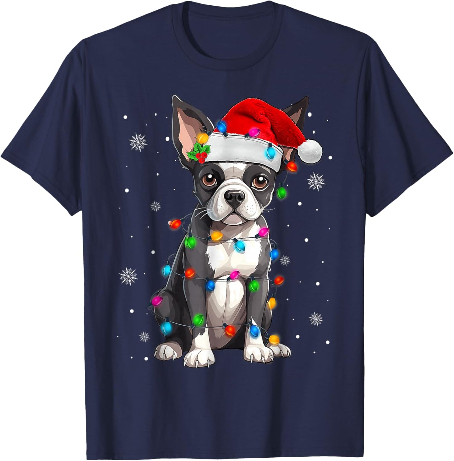 Boston Terrier Christmas Santa Hat Tree Lights Pajama T-Shirt - T-Shirt | Navy