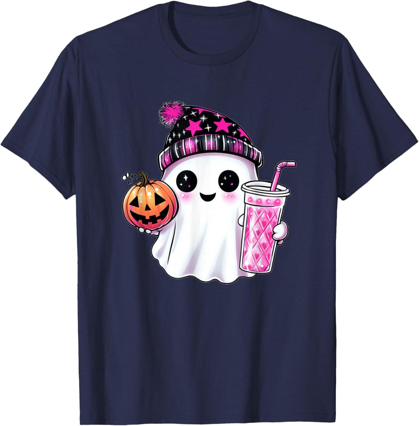 Cute Ghost Drinking Coffee Halloween Ghost Ice Coffee T-Shirt - T-Shirt | Navy